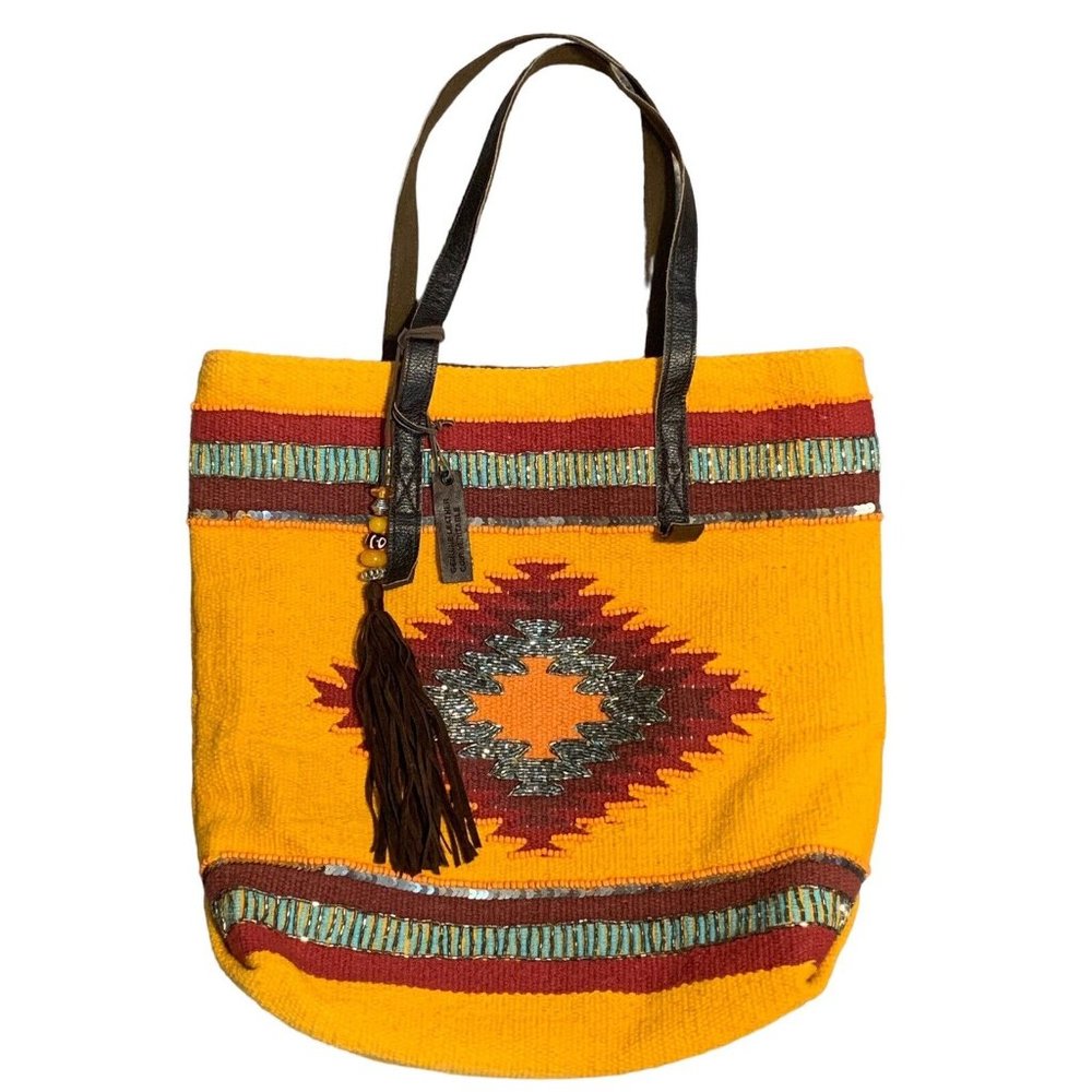 Aldo Multicolor Beaded India Boho Tote Crocheted Bag Leather Straps Snap Closure - Picture 1 of 5
